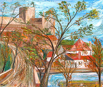 St Albans Cathedral with Fighting Cocks pub oil painting