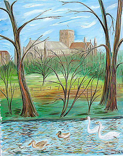 st albans abbey and river ver piainting