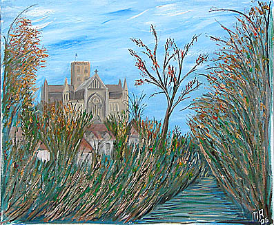 river ver and st albans abbey painting
