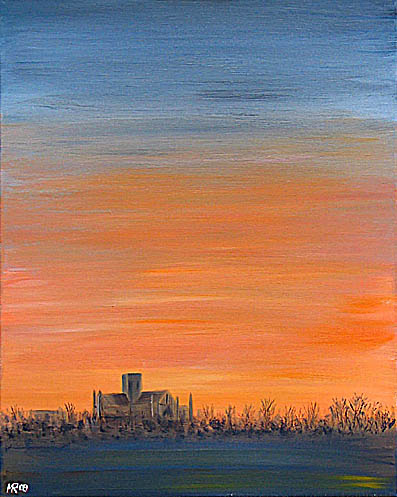oil painting of st albans abbey at sunrise