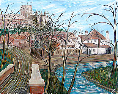 oil painting of st albans abbey and fighting cocks pub