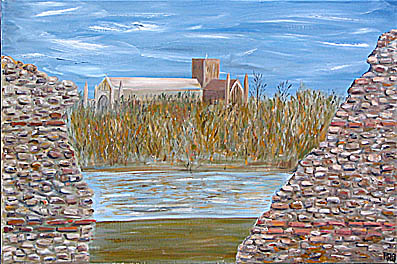 oil painting of st albans abbey and roman wall