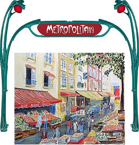 illustration of paris market and metro entrance sign