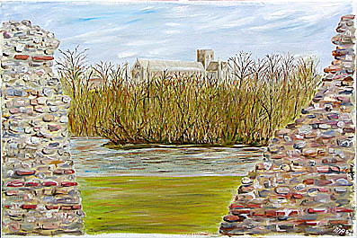 painting of St Albans Abbey viewed through roman wall