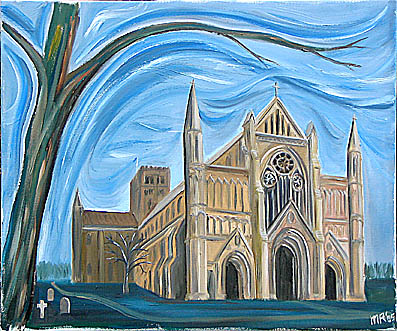 oil painting of st albans abbey in winter